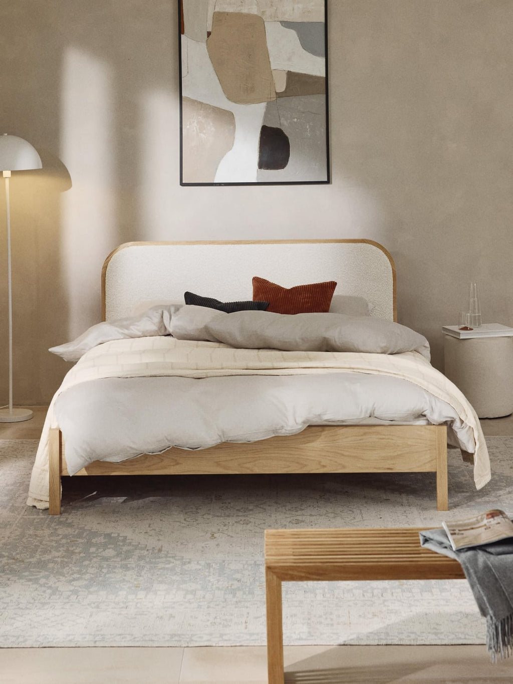 Jones Wooden Bed with Headboard in Bouclé — Blush