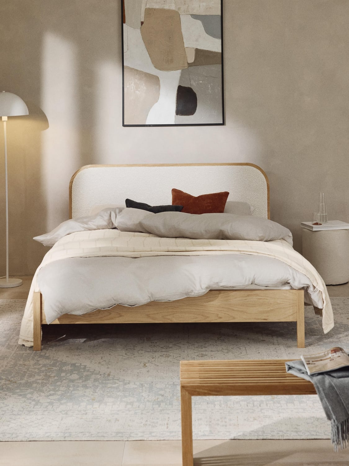 Jones Wooden Bed with Headboard in Bouclé — Blush