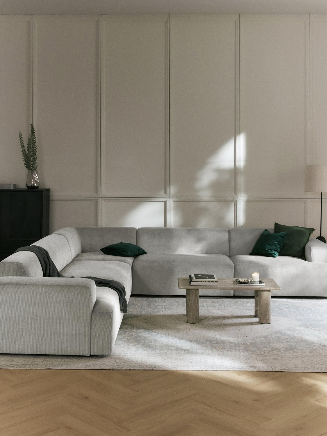 Melva Corduroy Corner Sofa (4-seater) — Stone Grey