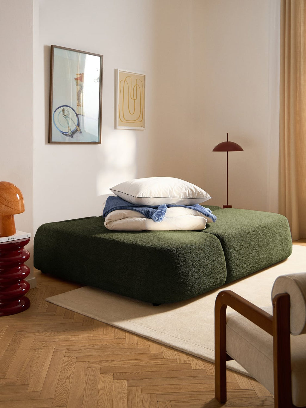 Pao Sofa Bed in Teddy Bouclé with Storage — Green
