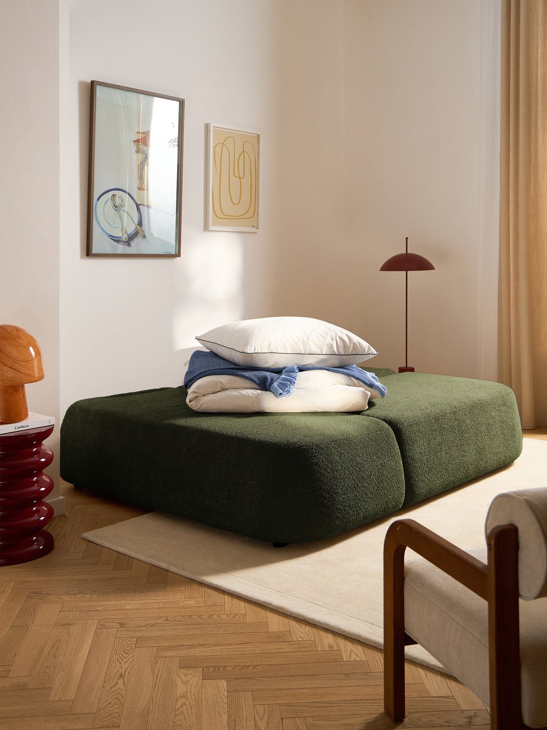Pao Sofa Bed in Teddy Bouclé with Storage — Green