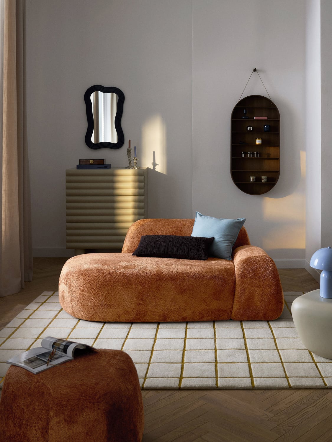 Wolke Teddy Bouclé Sofa (2-seater) with Chaise Longue — Terracotta