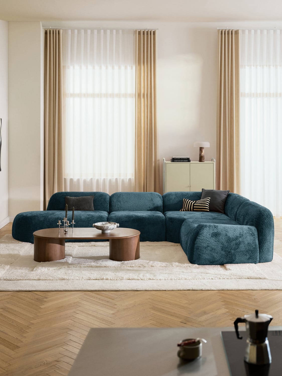 Wolke XL Modular Teddy Bouclé Corner Sofa with Chaise Longue — Teal