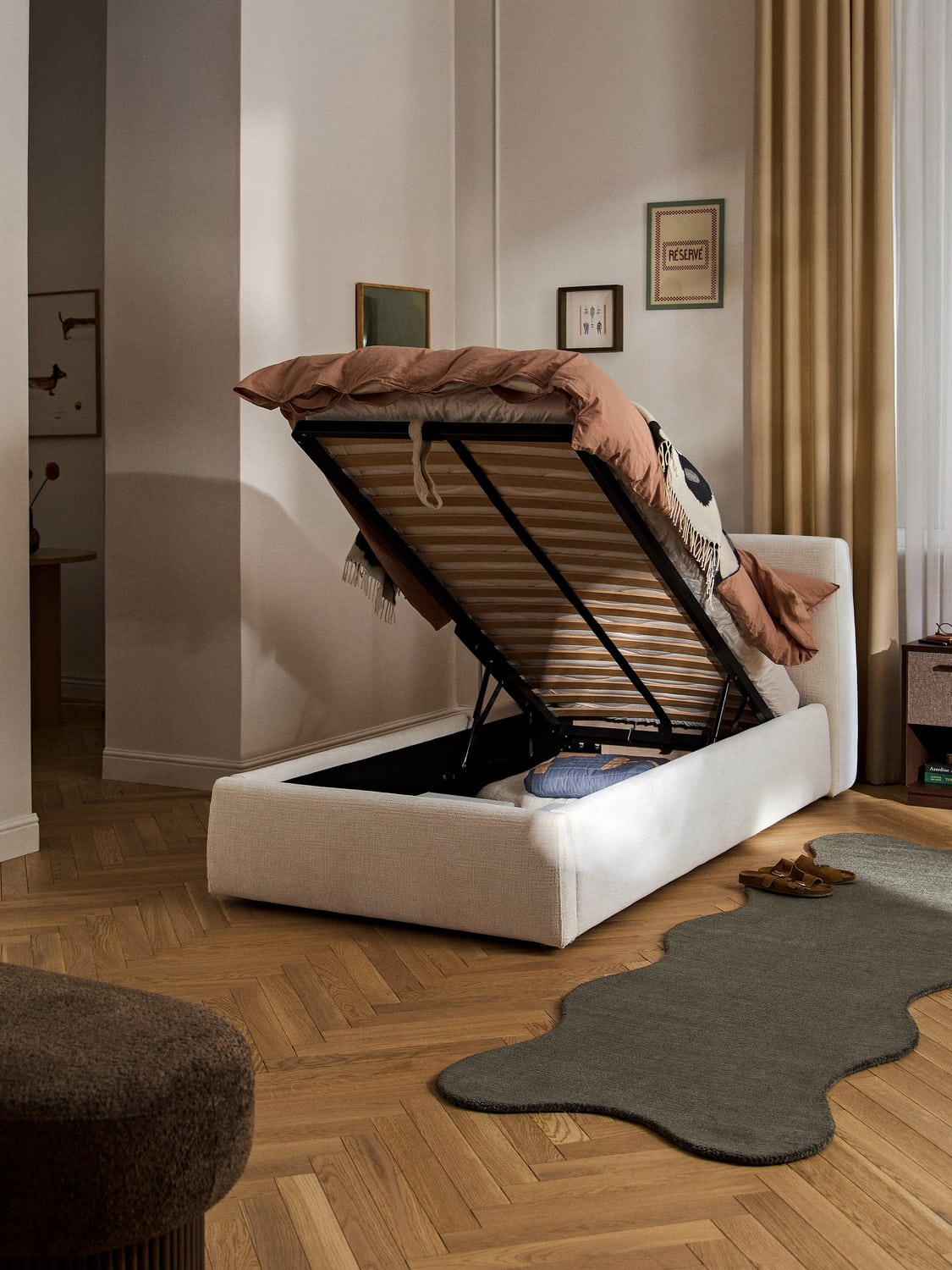 Cloud Upholstered Single Bed with Storage — Off-White