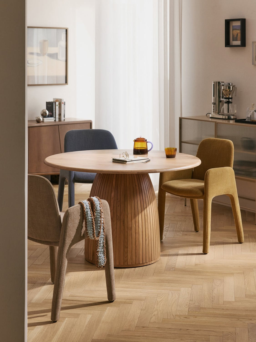 Nelly Round Dining Table with Fluted Structure, in various sizes — Camel