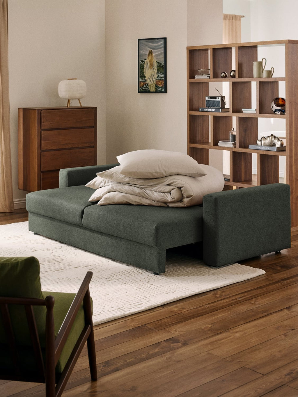 Tasha Bouclé-Sofa Bed (3-seater) with Storage — Green