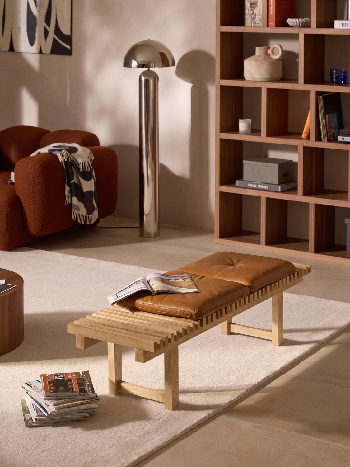 Sora Bench in Ash with Leather Cushion — Sand