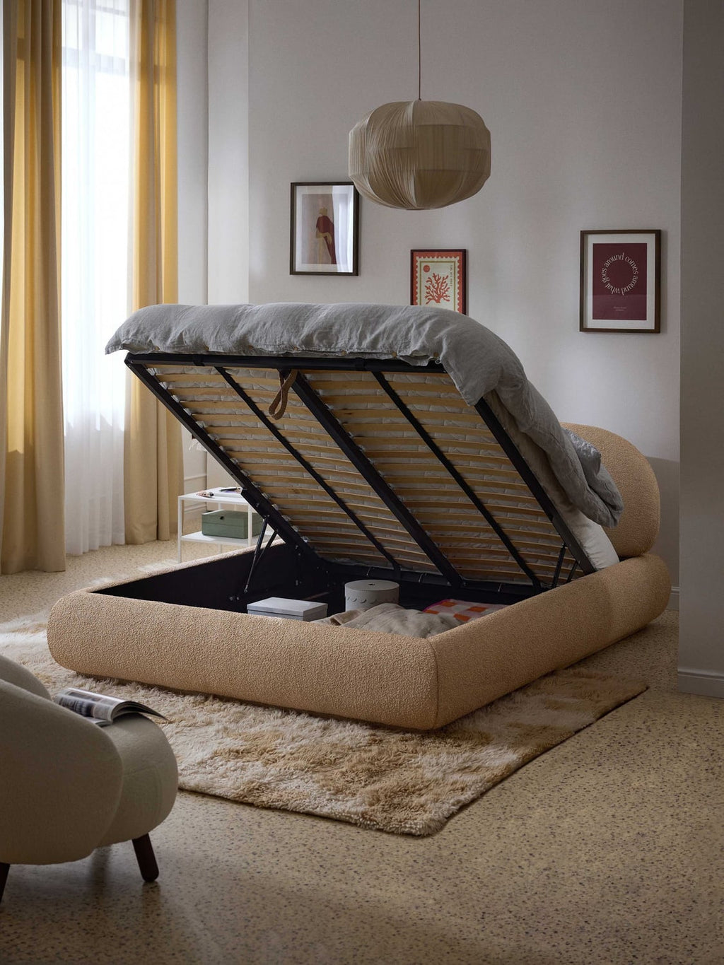 Alba Bouclé Upholstered Bed with Storage — Blush