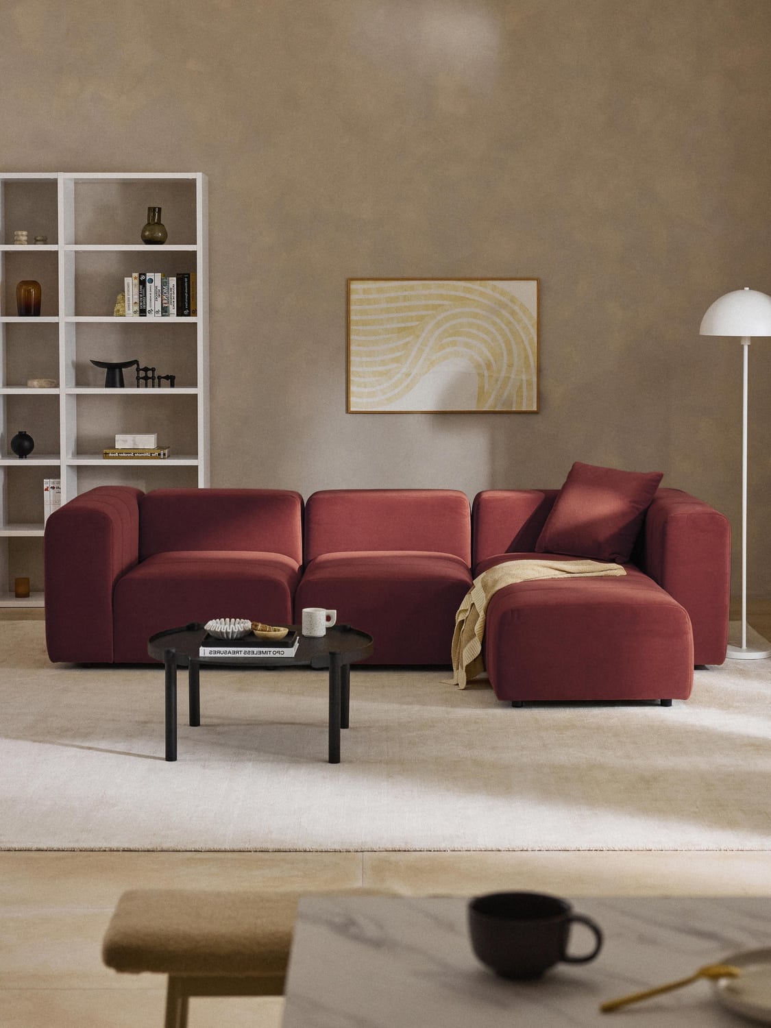 Lena Modular Velvet-Sofa (4-seater) with Ottoman (left/right) — Burgundy