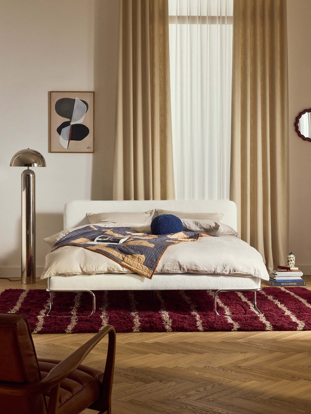 Olina Bouclé Upholstered Bed with Metal Legs — Off-White