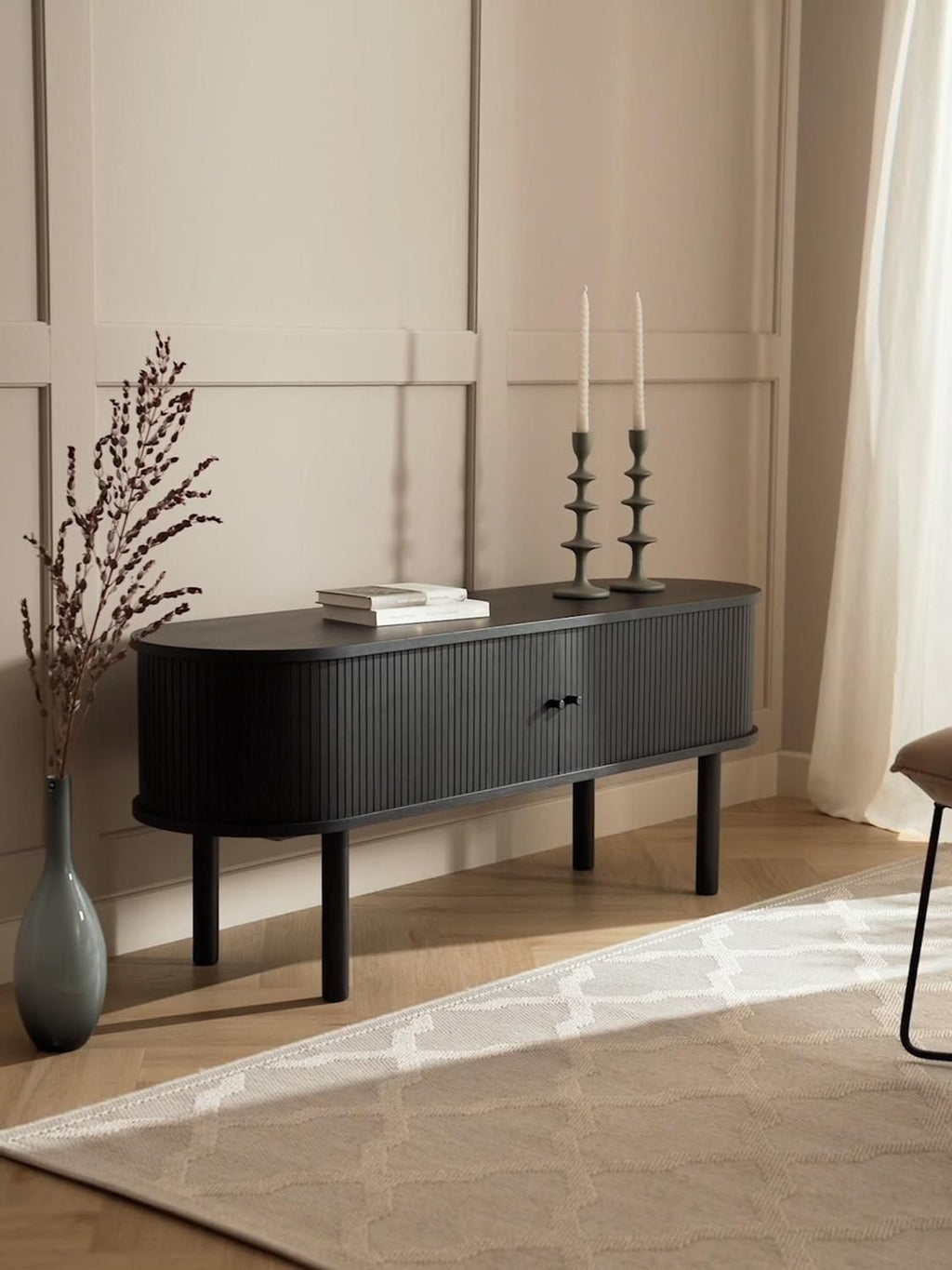 Calary Lowboard with Fluted Front — Dark Grey