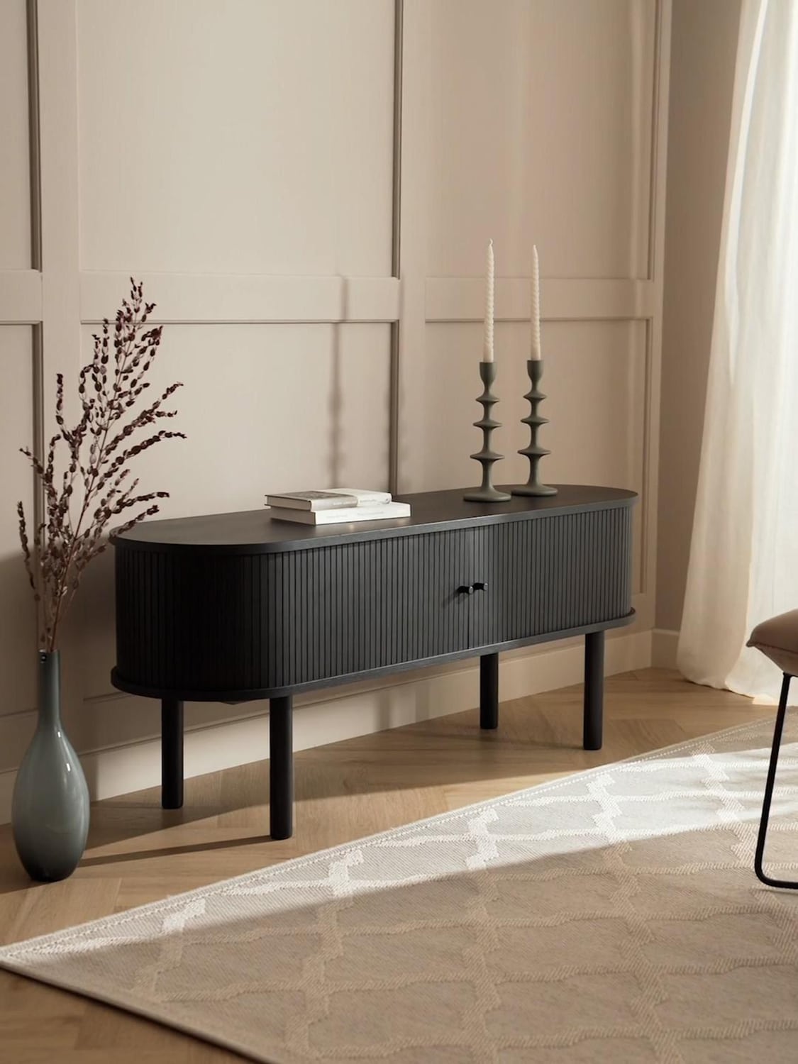 Calary Lowboard with Fluted Front — Dark Grey