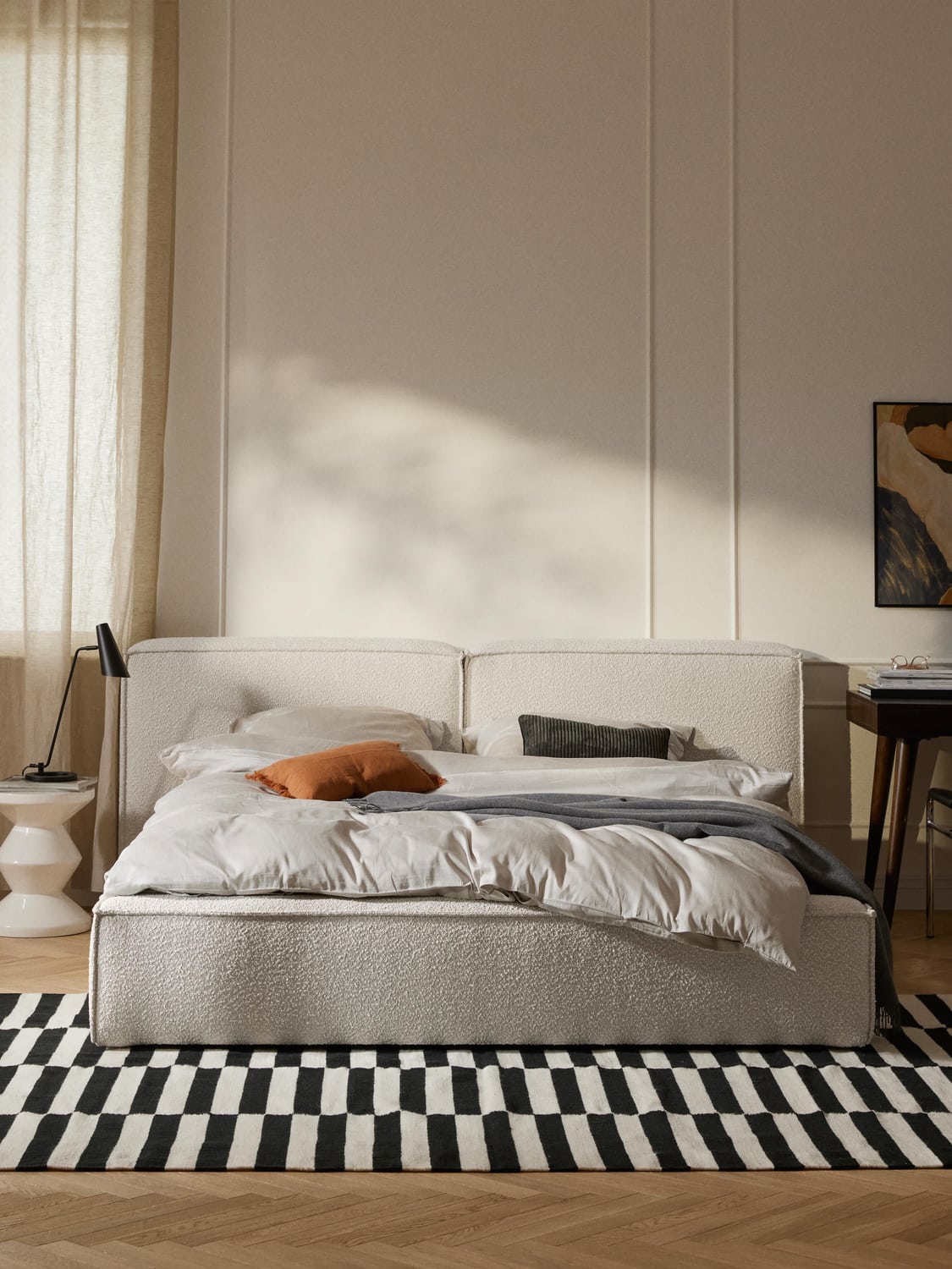 Lennon Bouclé Upholstered Bed with Storage — Off-White