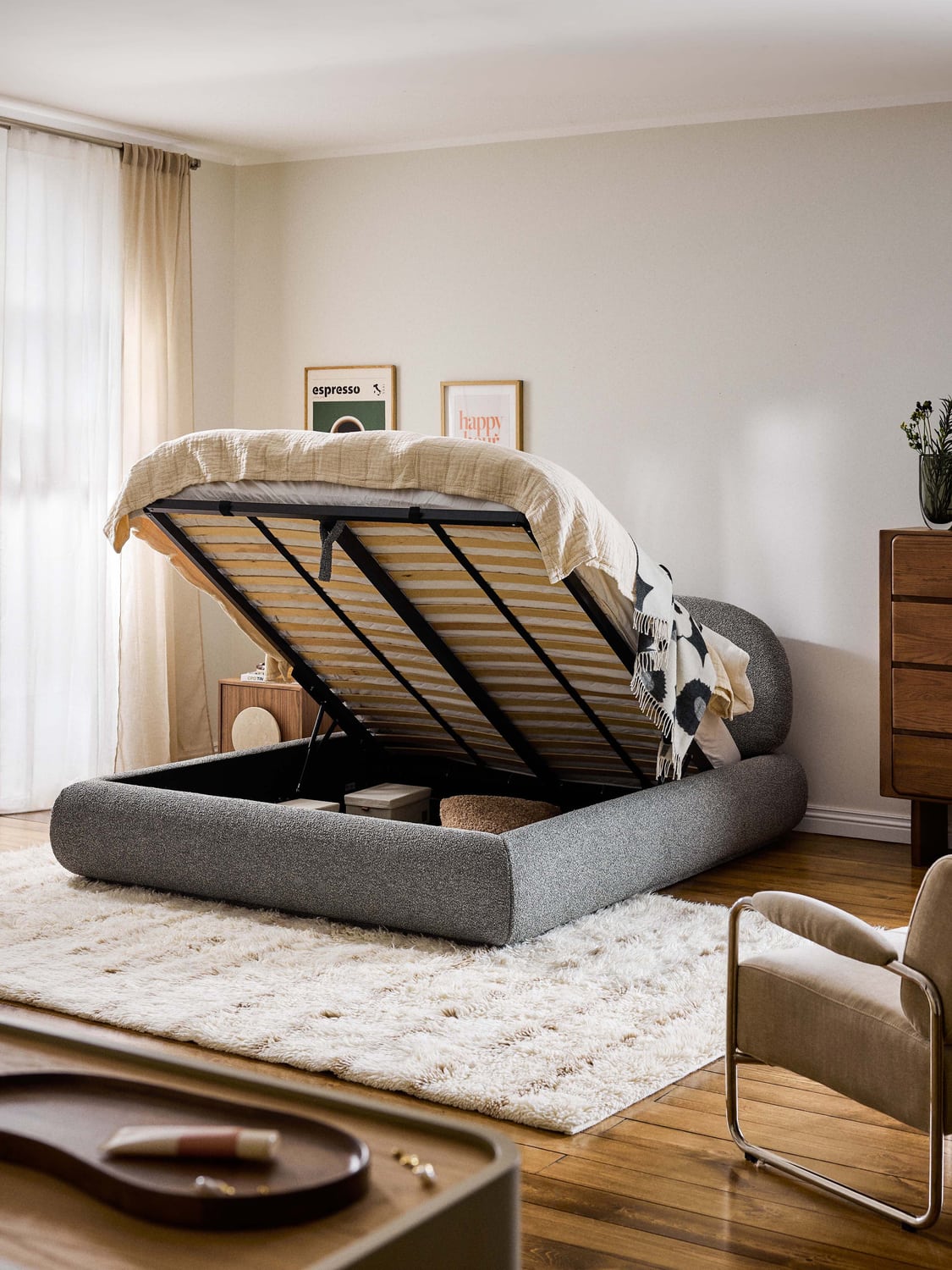 Alba Bouclé Upholstered Bed with Storage — Lilac