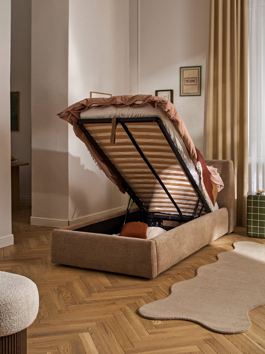 Cloud Upholstered Single Bed with Storage — Sage