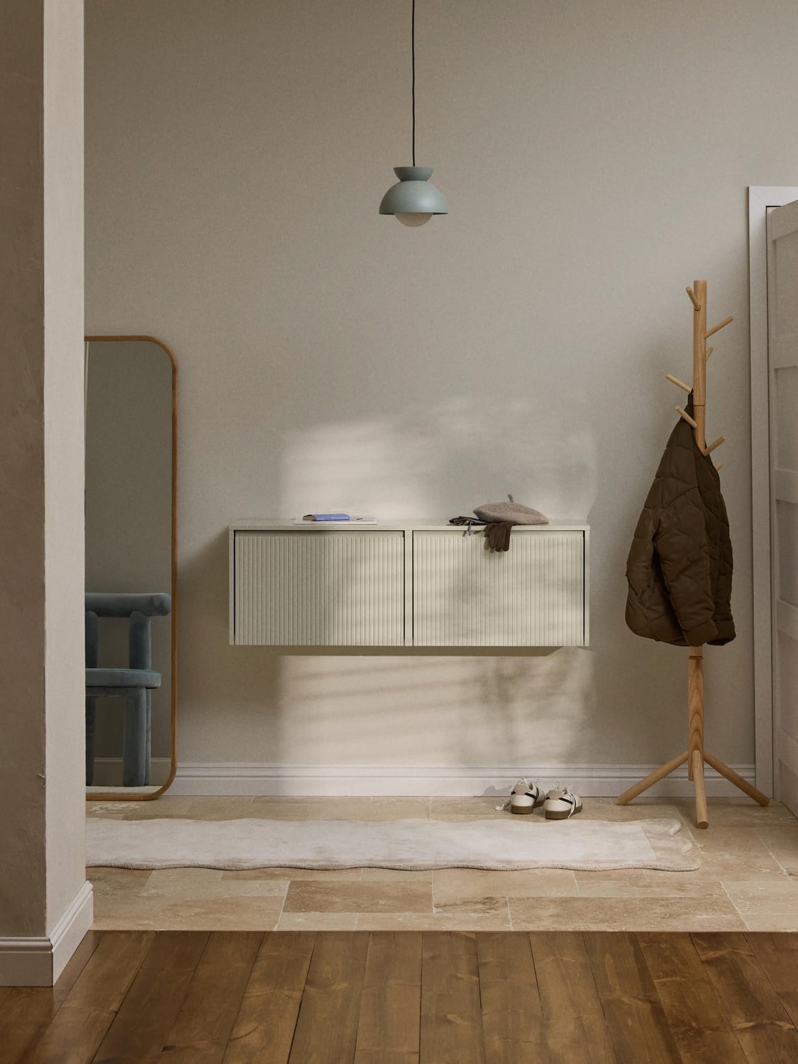 Shea Wall-Mounted Shoe Cabinet with Folding Compartments and Fluted Front — Light Grey
