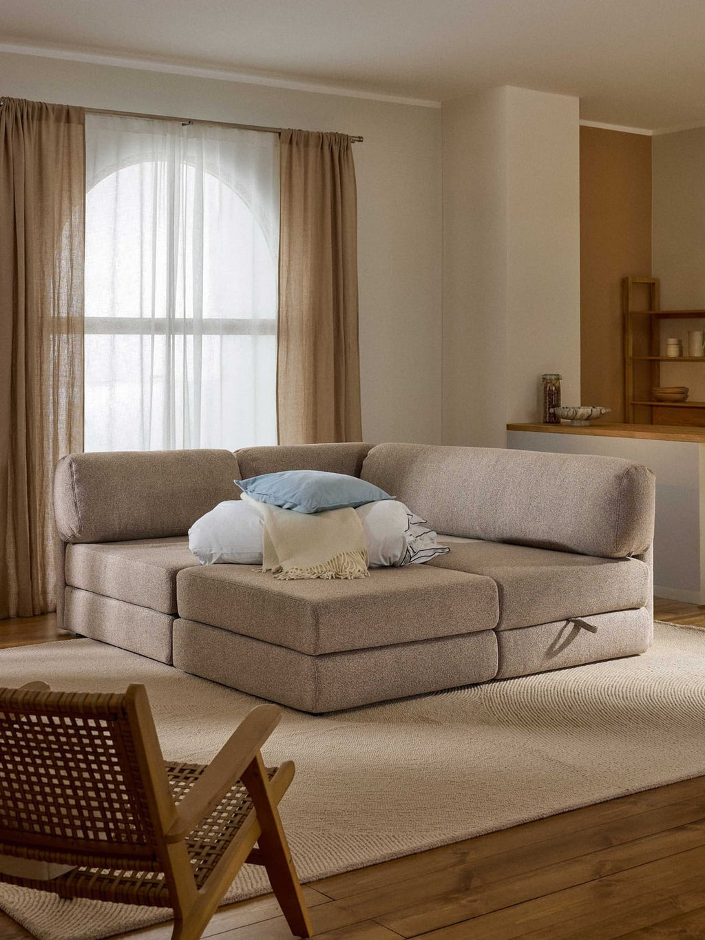 Ladina Bouclé-Corner Sofa Bed with Storage — Warm Grey