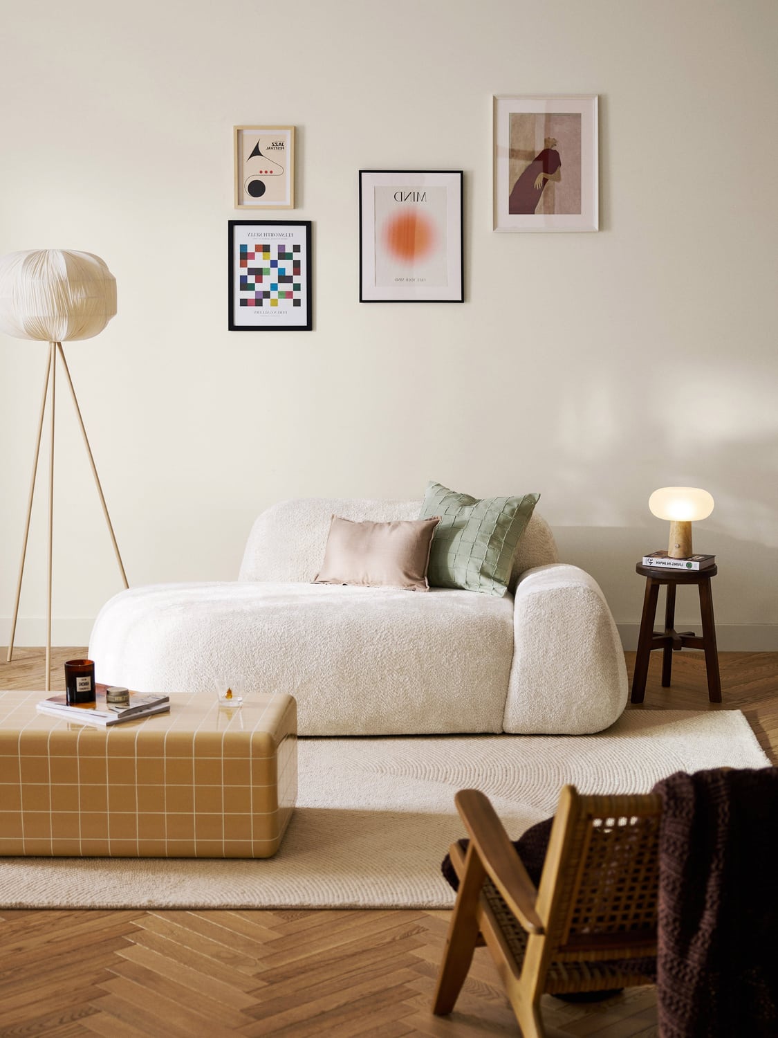 Wolke Teddy Bouclé Sofa (2-seater) with Chaise Longue — Off-White