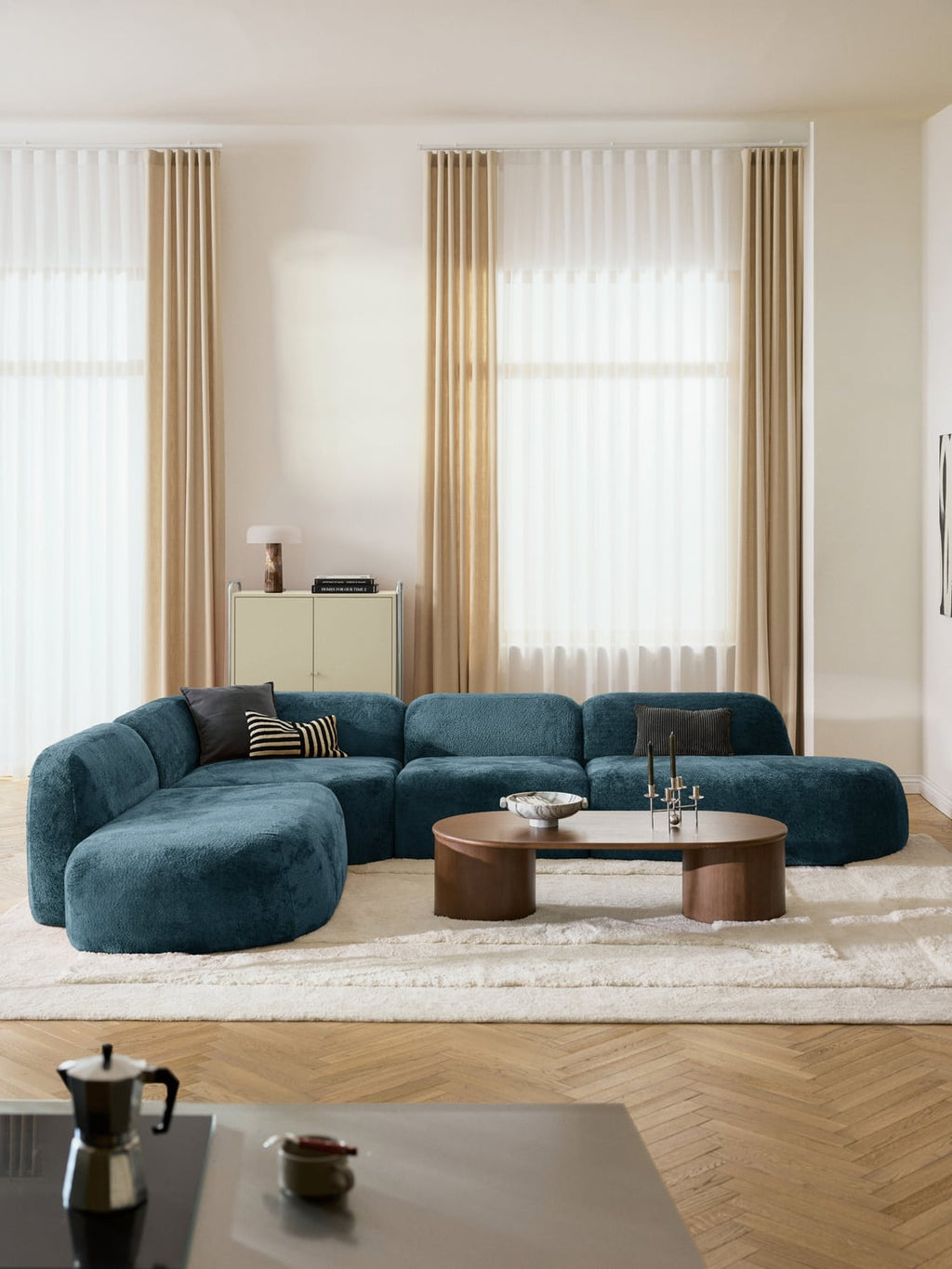 Wolke XL Modular Teddy Bouclé Corner Sofa with Chaise Longue — Petrol Blue