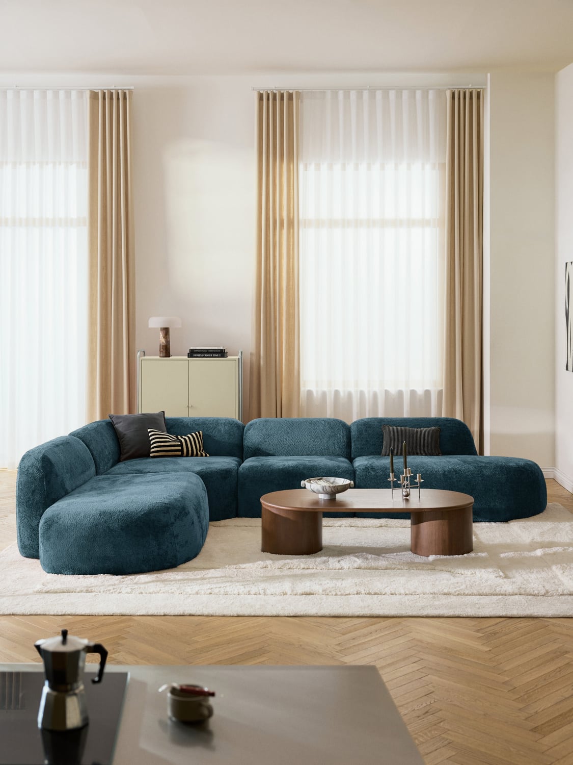 Wolke XL Modular Teddy Bouclé Corner Sofa with Chaise Longue — Petrol Blue
