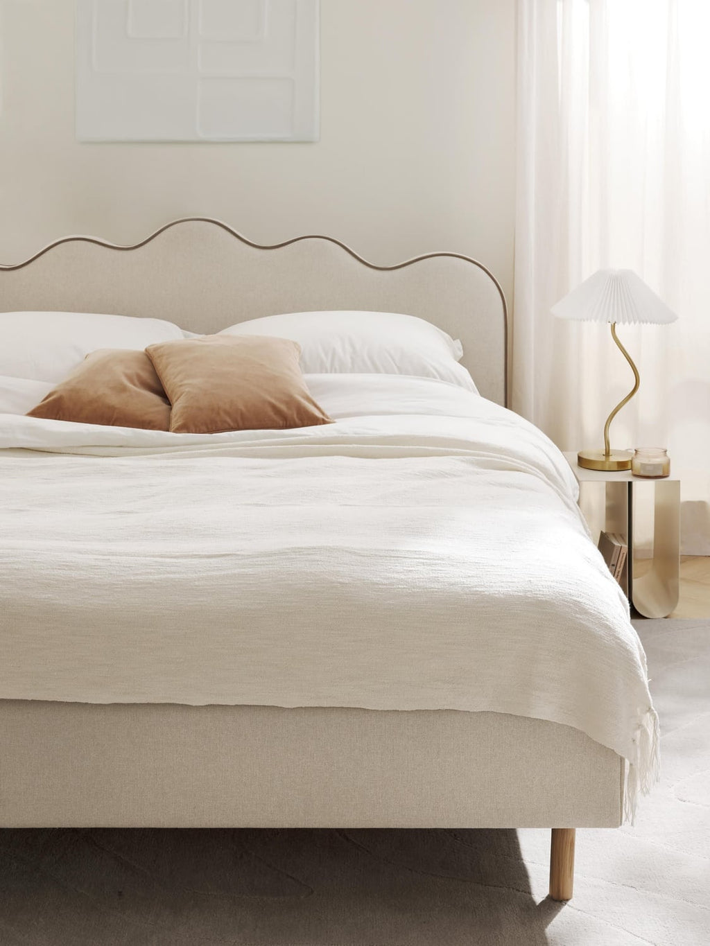 Romy Upholstered Bed with Wavy Headboard — Light Grey