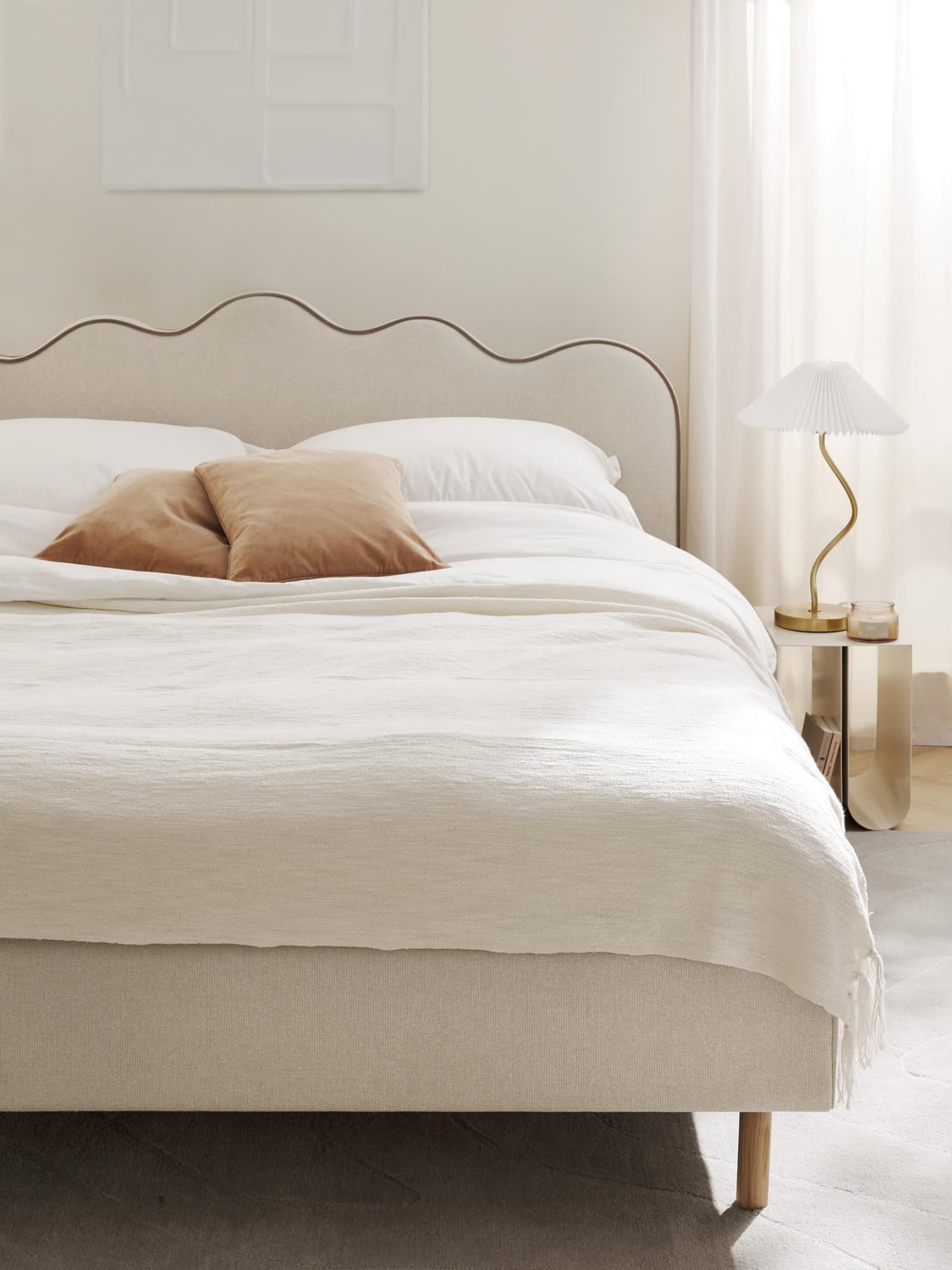 Romy Upholstered Bed with Wavy Headboard — Light Grey