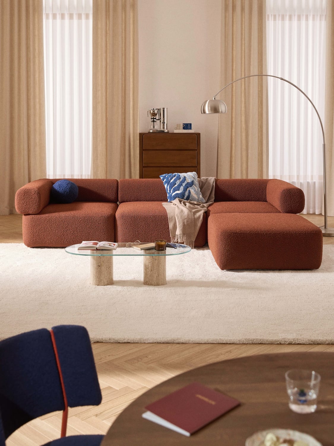 Anton Modular Bouclé Sofa (4-seater) with Ottoman (left/right) — Chocolate