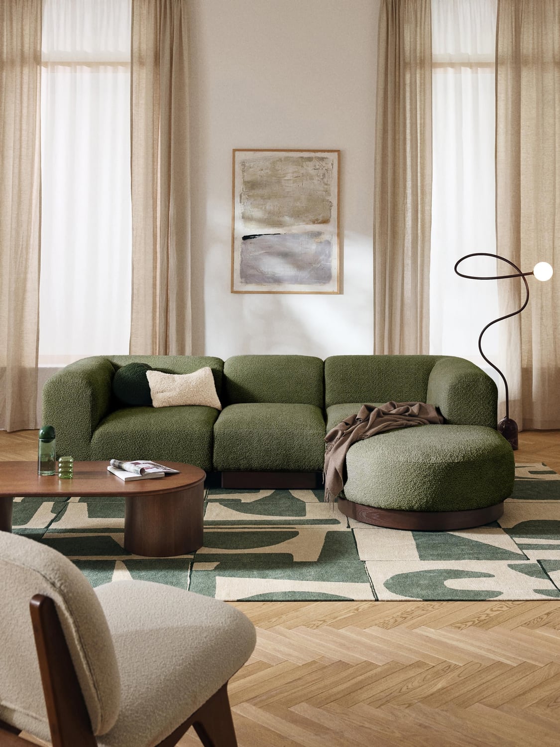 Natalie Modular Sofa (3-seater) in Teddy Bouclé with Ottoman (left/right) — Dark Grey