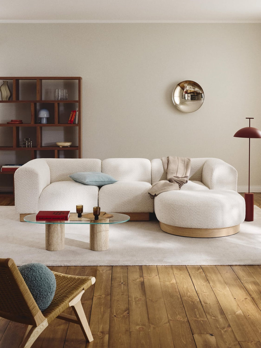 Natalie Modular Sofa (3-seater) in Teddy Bouclé with Ottoman (left/right) — Blush