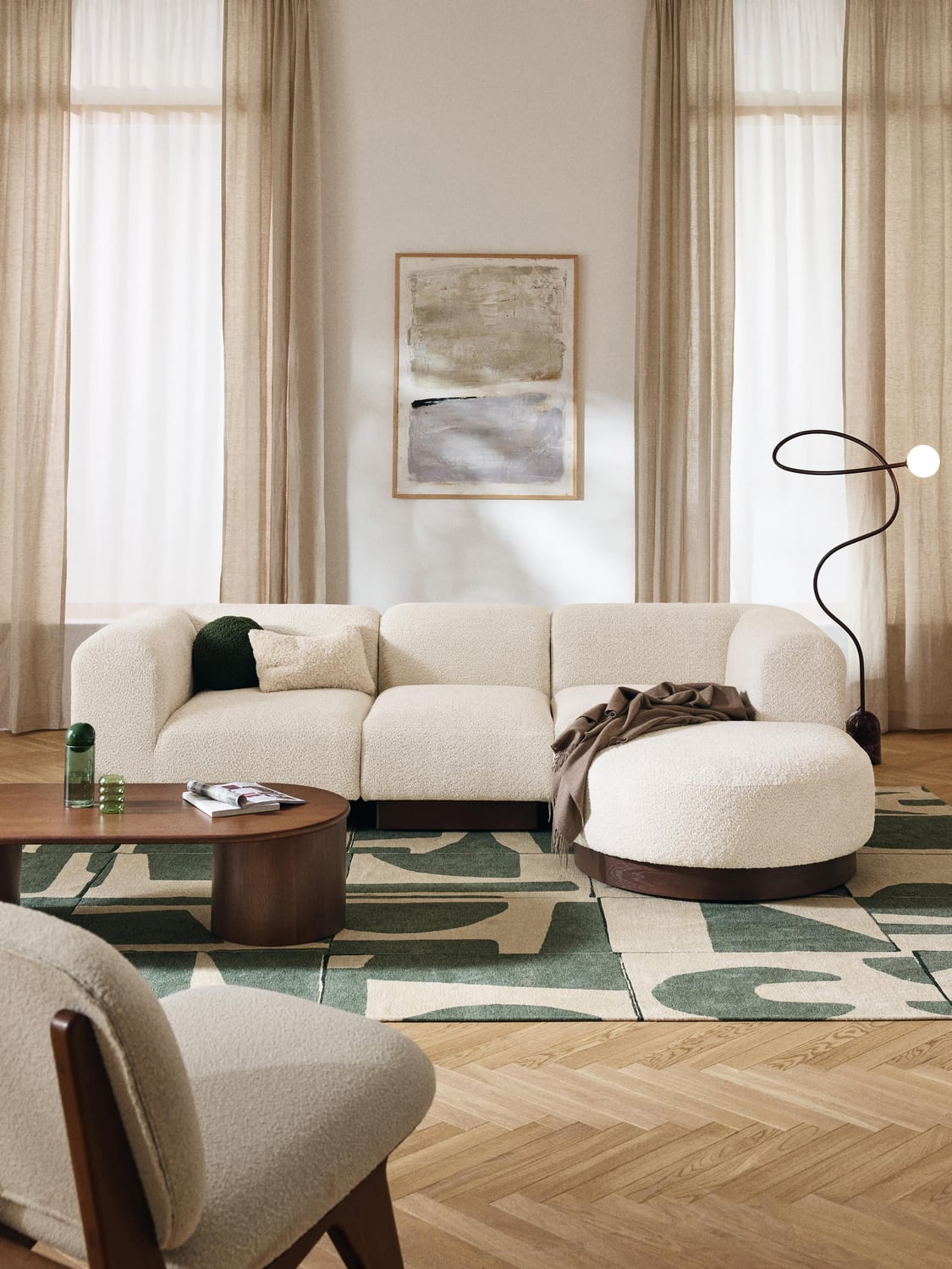 Natalie Modular Sofa (3-seater) in Teddy Bouclé with Ottoman (left/right) — Light Grey