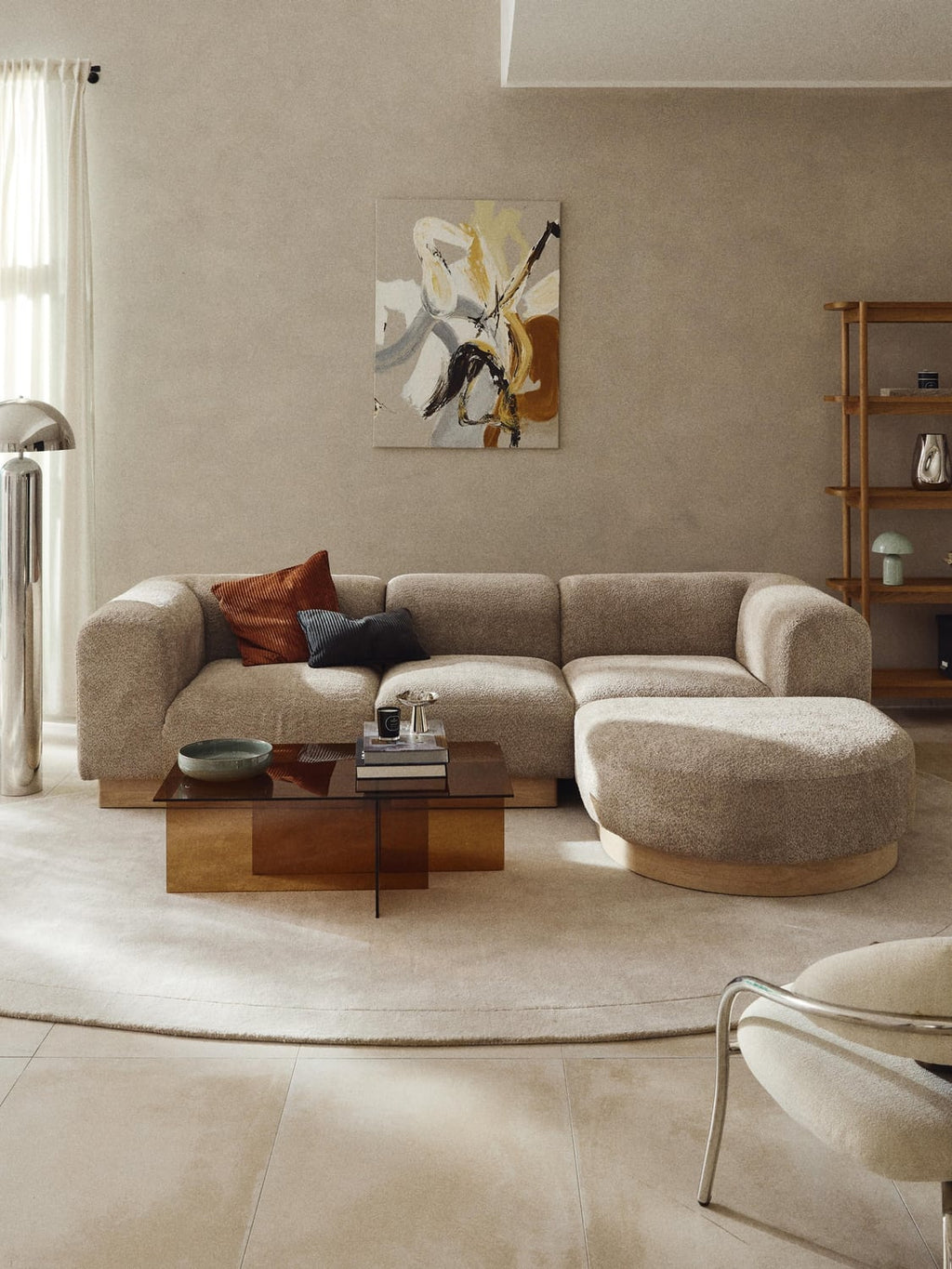 Natalie Modular Sofa (3-seater) in Teddy Bouclé with Ottoman (left/right) — Greige
