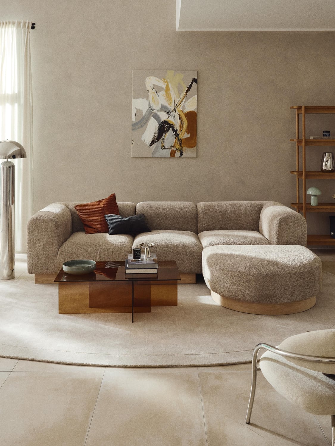 Natalie Modular Sofa (3-seater) in Teddy Bouclé with Ottoman (left/right) — Greige