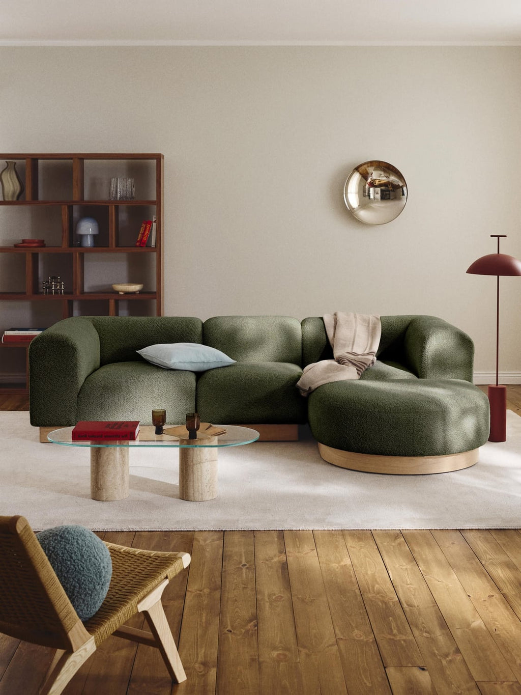 Natalie Modular Sofa (3-seater) in Teddy Bouclé with Ottoman (left/right) — Olive