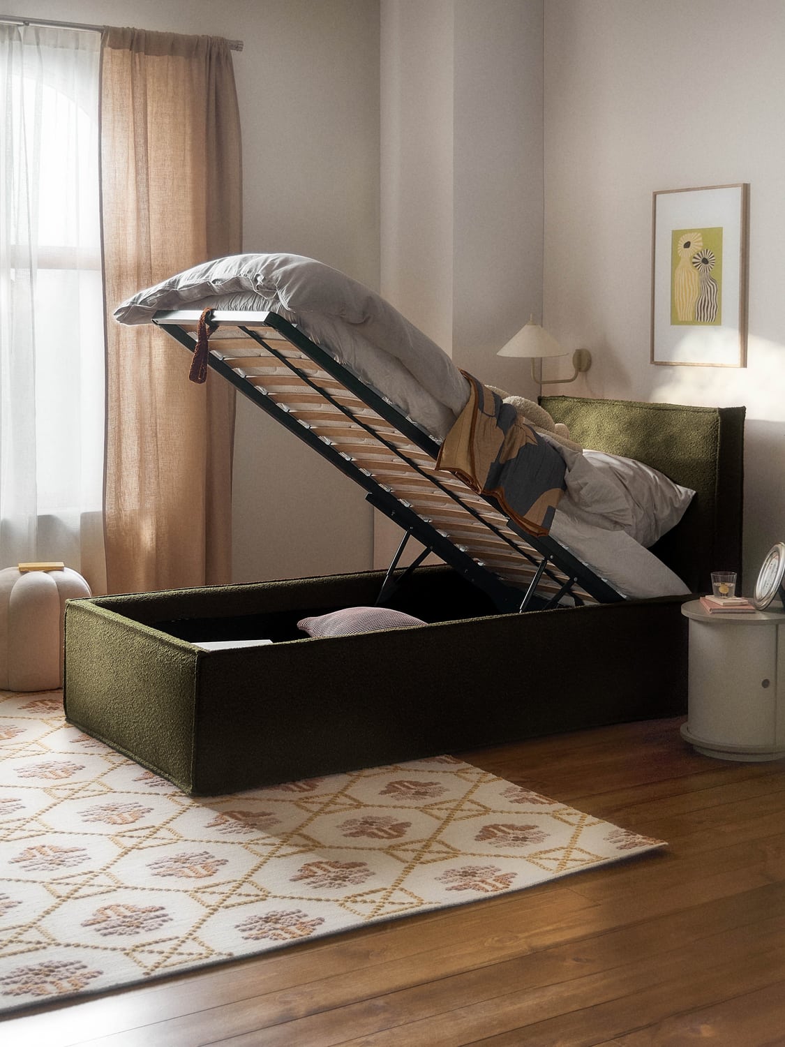 Dream Bouclé-Single Bed with Storage — Mushroom