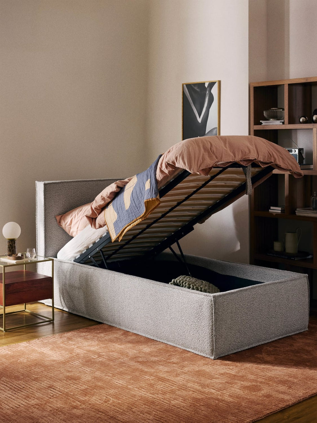 Dream Bouclé-Single Bed with Storage — Light Grey
