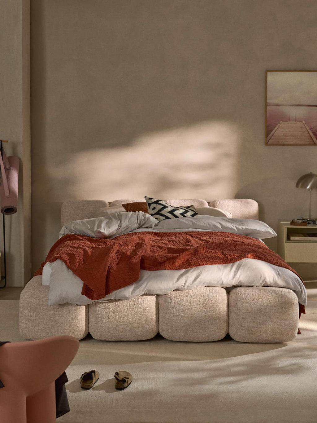 Tayla Upholstered Bed in Bouclé — Blush