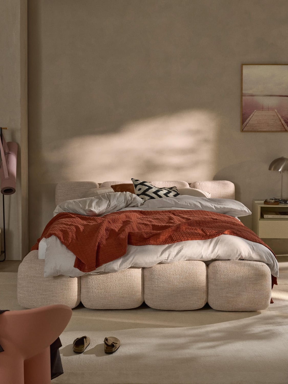 Tayla Upholstered Bed in Bouclé — Blush