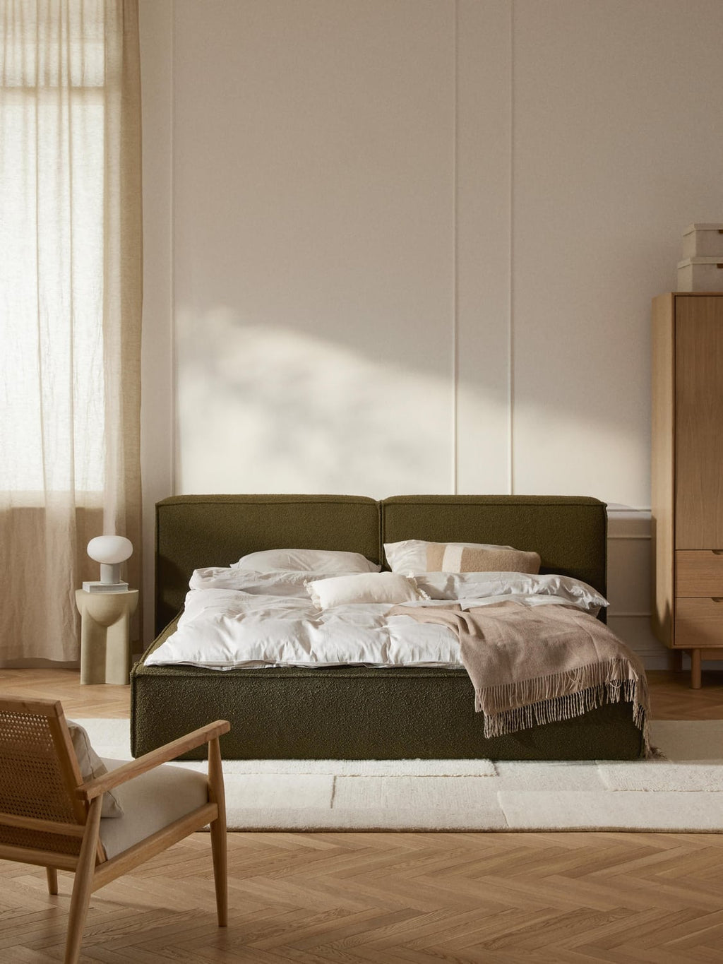 Lennon Bouclé Upholstered Bed — Olive