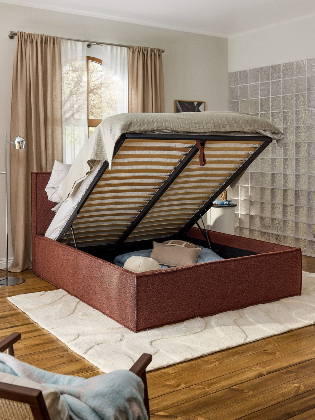 Dream Bouclé Upholstered Bed with Storage — Camel