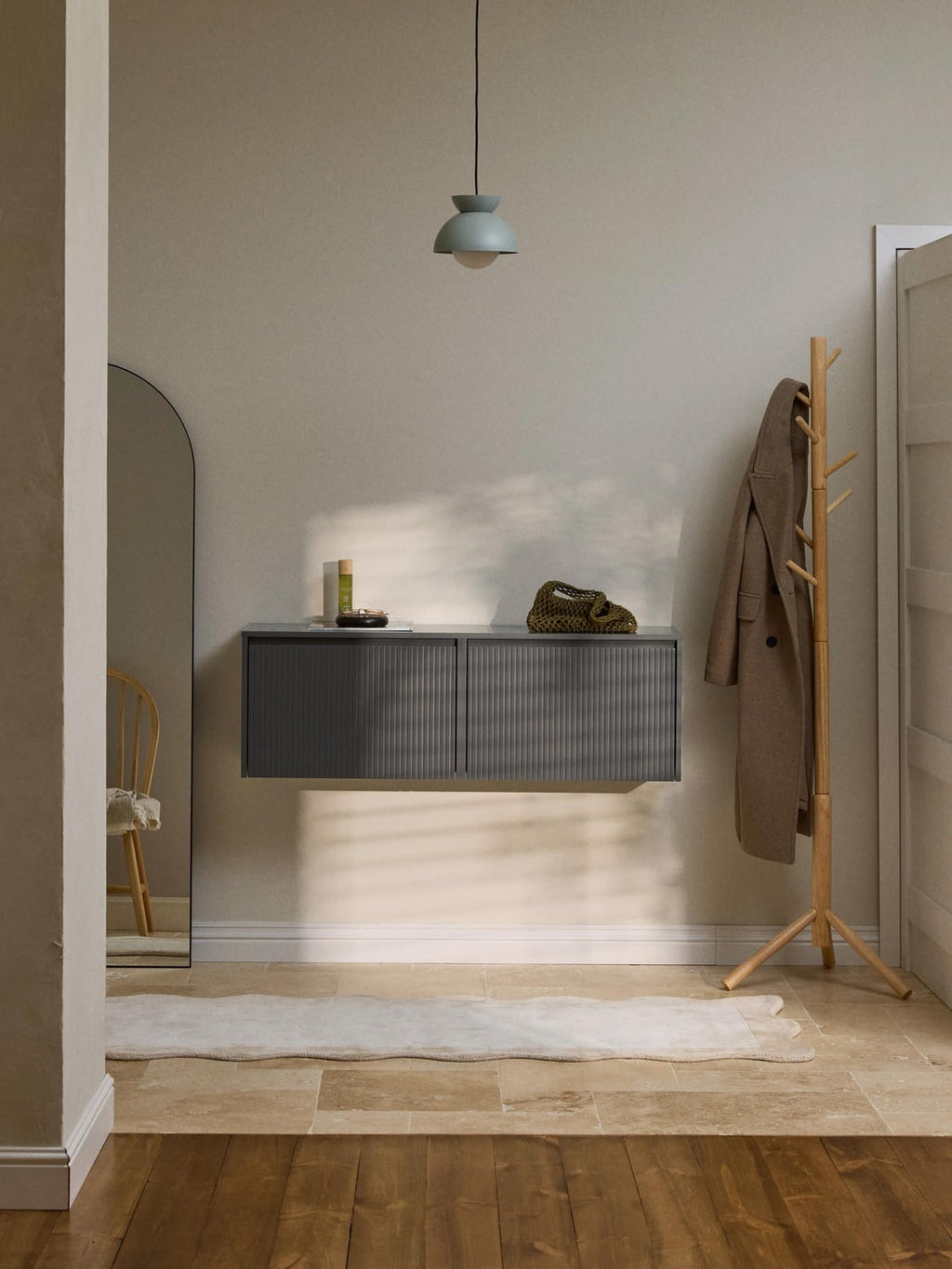 Shea Wall-Mounted Shoe Cabinet with Folding Compartments and Fluted Front — Taupe