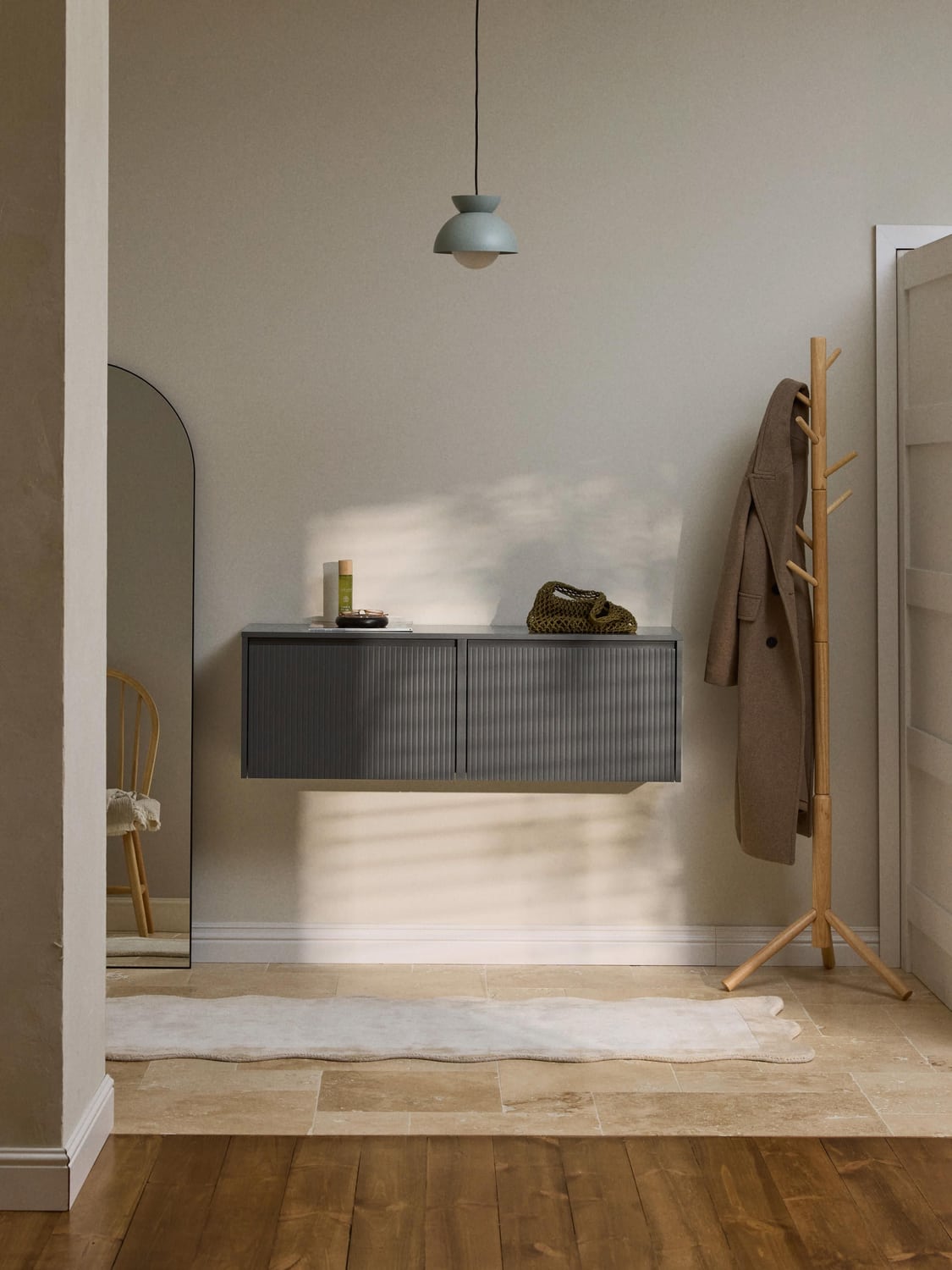 Shea Wall-Mounted Shoe Cabinet with Folding Compartments and Fluted Front — Taupe