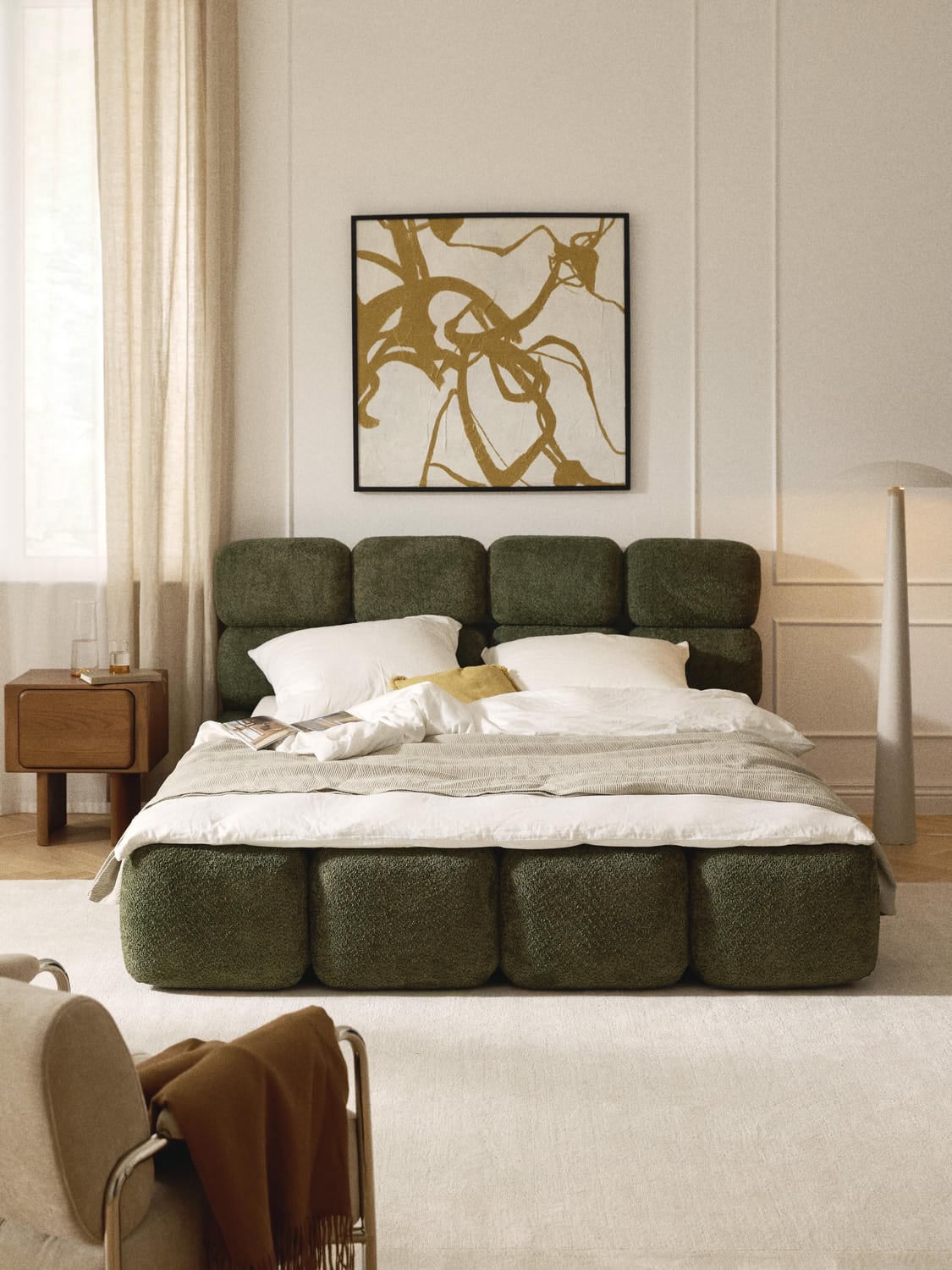 Tayla Upholstered Bed in Teddy Bouclé — Olive