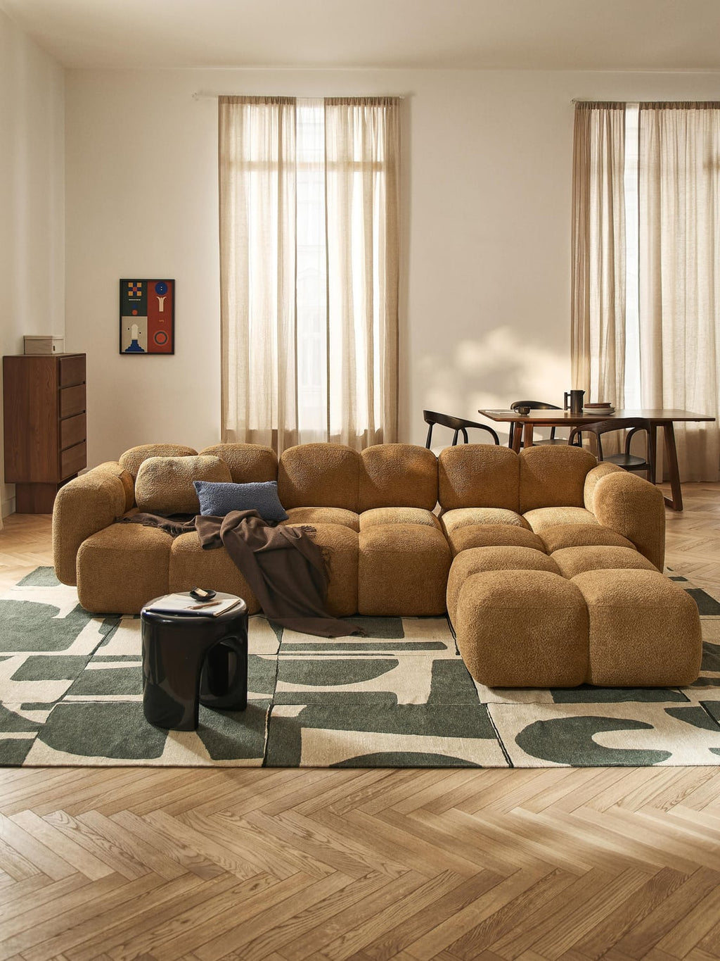 Tayla Modular Sofa (4-seater) in Teddy Bouclé with Ottoman (left/right) — Camel
