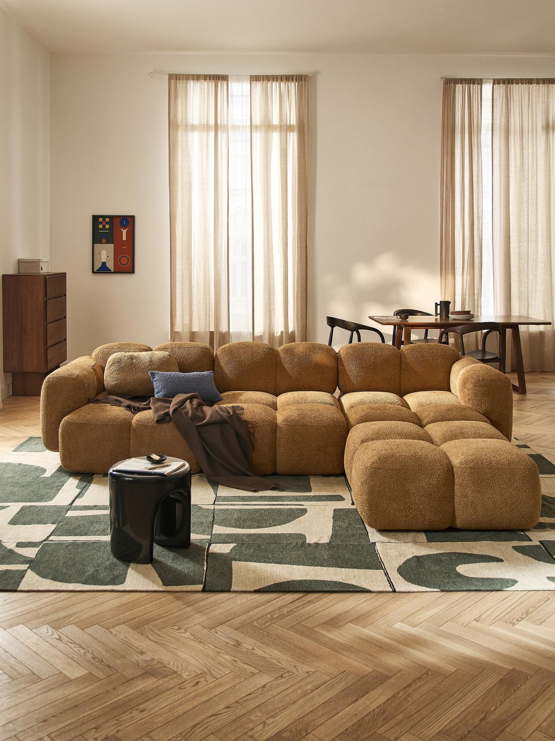 Tayla Modular Sofa (4-seater) in Teddy Bouclé with Ottoman (left/right) — Camel