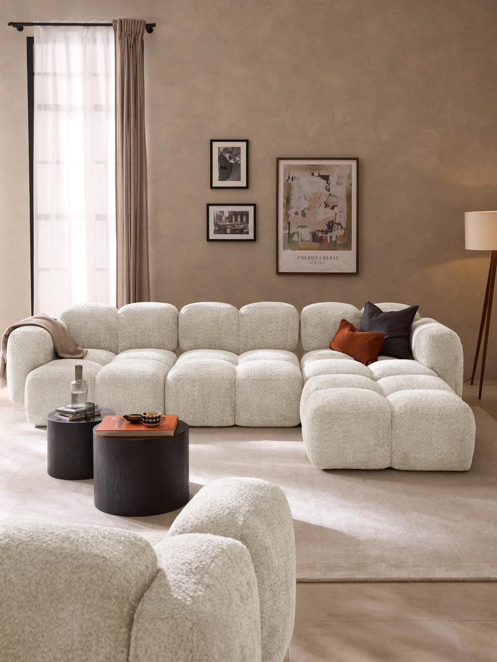 Tayla Modular Sofa (4-seater) in Teddy Bouclé with Ottoman (left/right) — Off-White