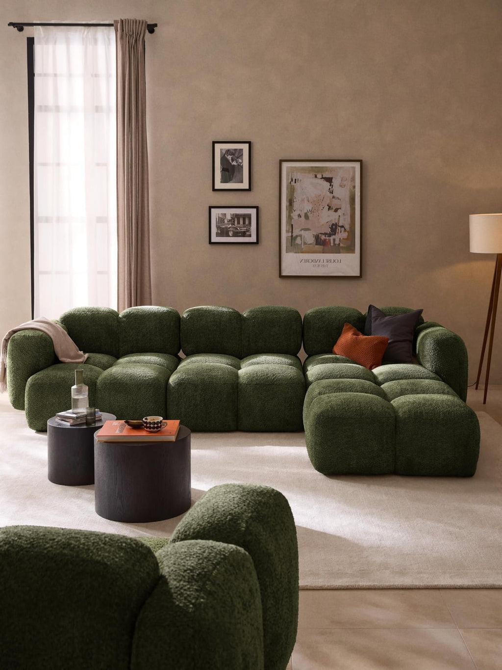 Tayla Modular Sofa (4-seater) in Teddy Bouclé with Ottoman (left/right) — Olive