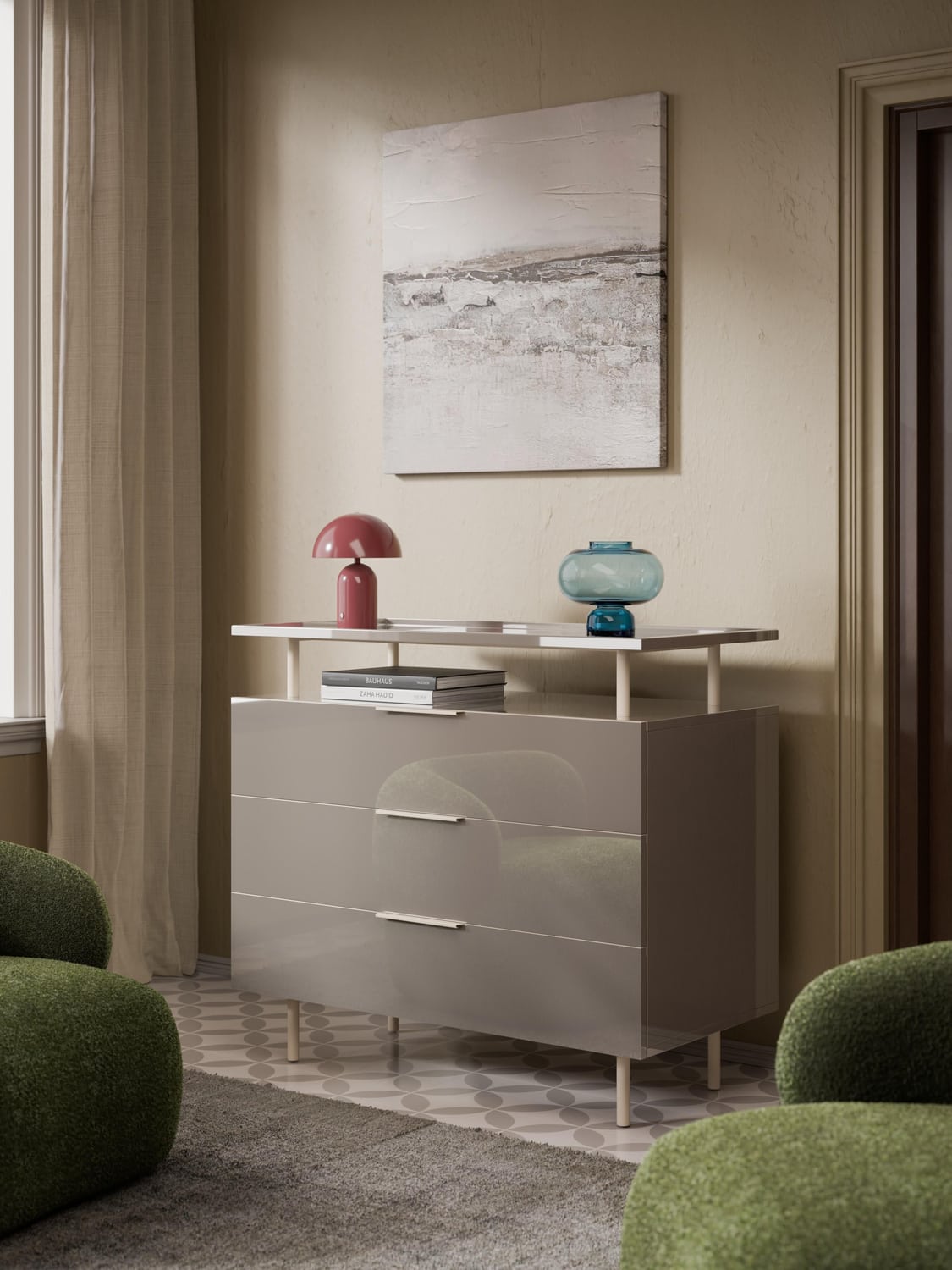Lennie High-Gloss Chest of Drawers — Oatmeal