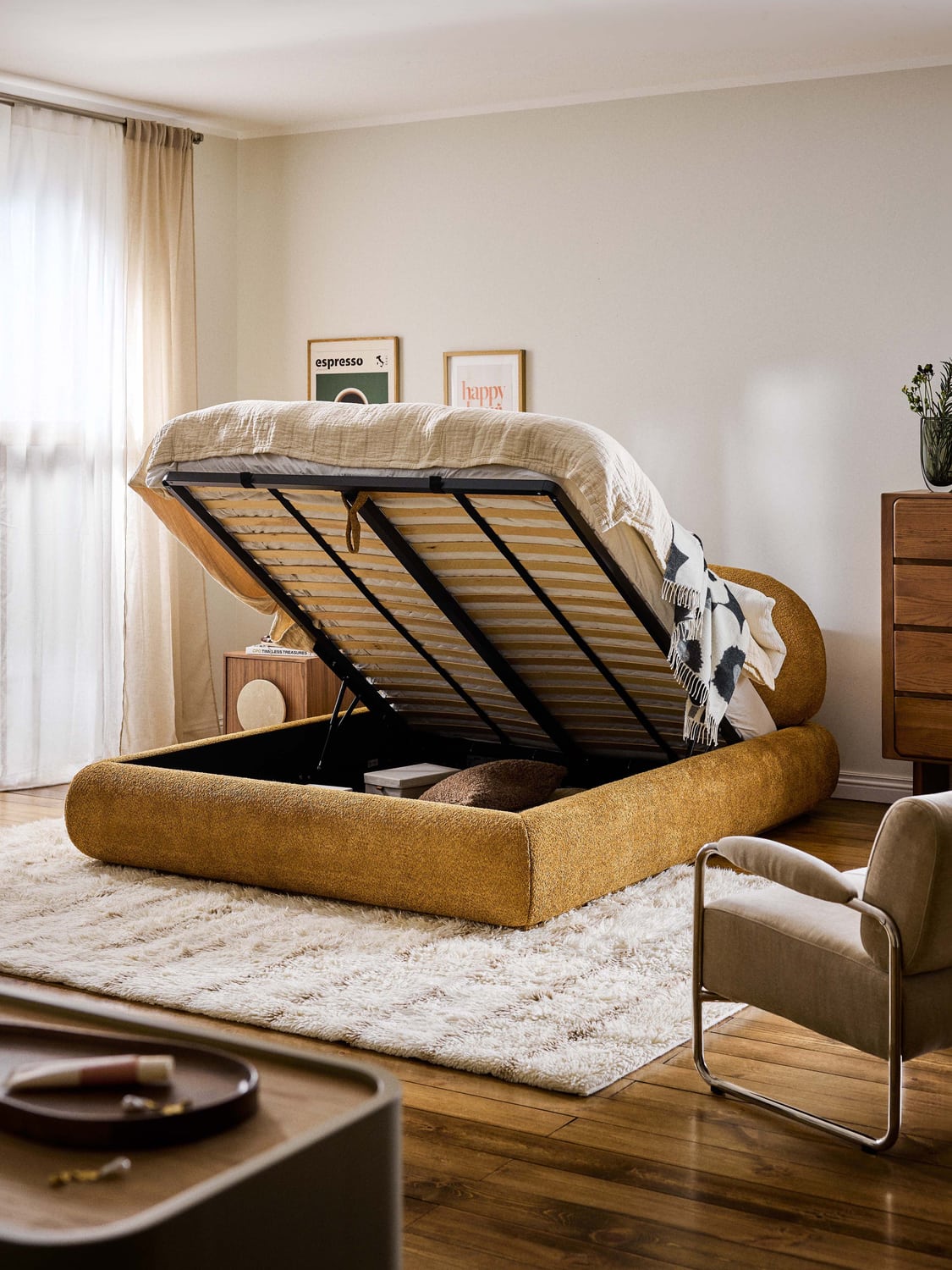 Alba Upholstered Bed in Teddy Bouclé with Storage — Warm Grey