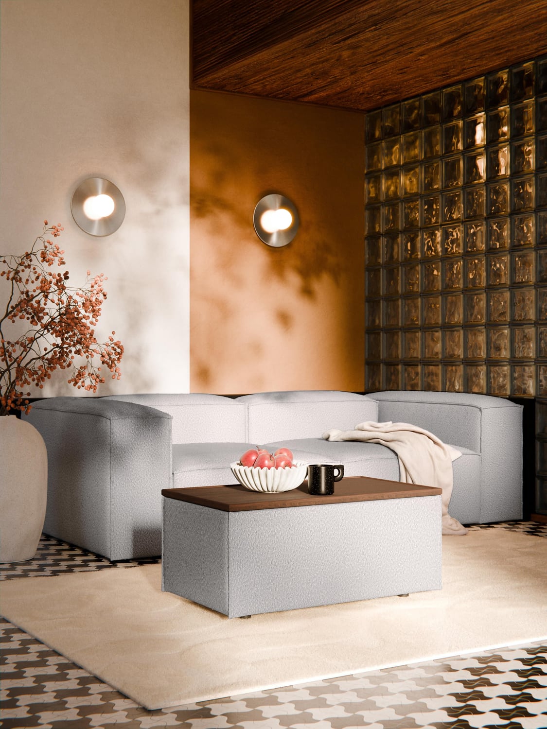 Lennon Sofa Ottoman in Bouclé with Storage — Warm Grey