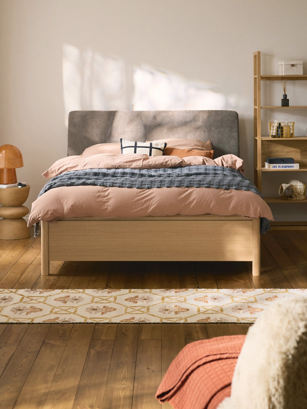Santiago Wooden Bed with Upholstered Headboard and Drawers — Oatmeal